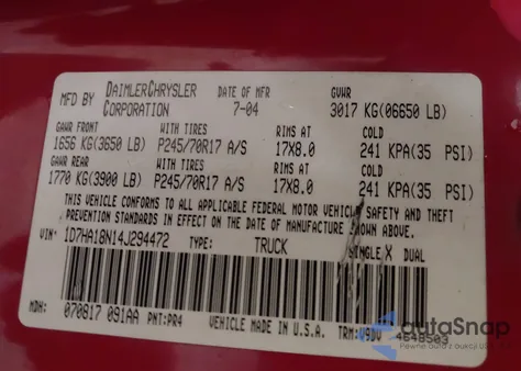 2004 Dodge Ram 1500 Slt/Laramie из США, поврежденный, VIN 1D7HA18N14J294472